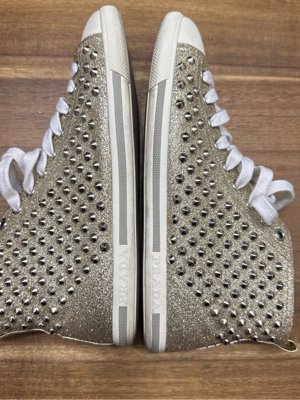 Prada Silver Glitter Studded High-Top Sneakers